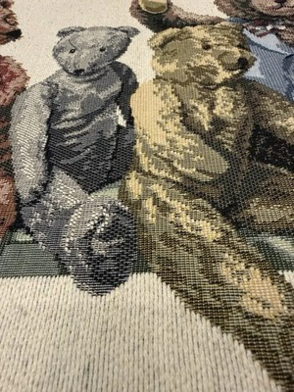 Vintage 90s Dakotah Woven Tapestry Textile Teddy Bears Handmade Oak Frame 36x16
